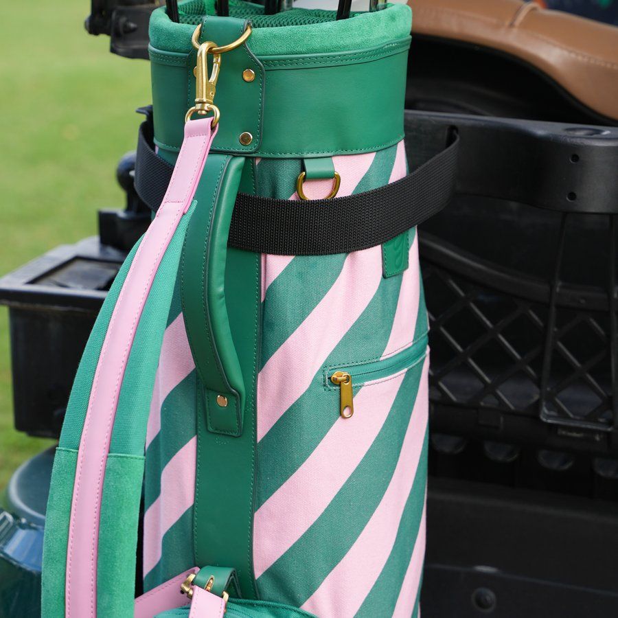Bag detail: brass clip, leather handle, zip pocket